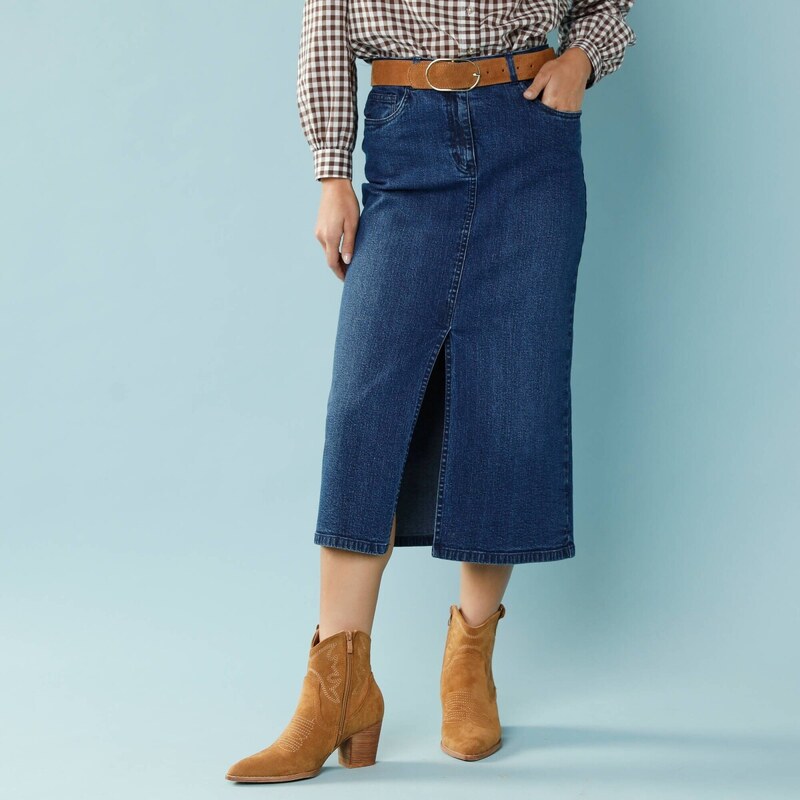 Džínsová midi sukňa pre nižšiu postavu modrá 050 Blancheporte 65218936