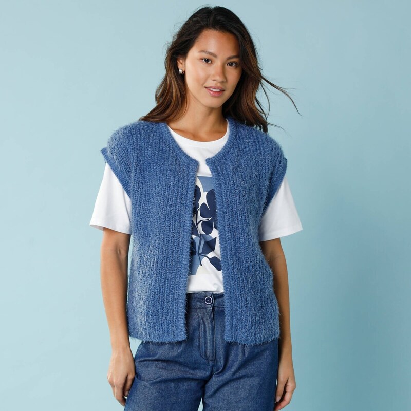 Vesta z úpletu s predĺženým vláknom pre nižšiu postavu modrosivá 052 65218949