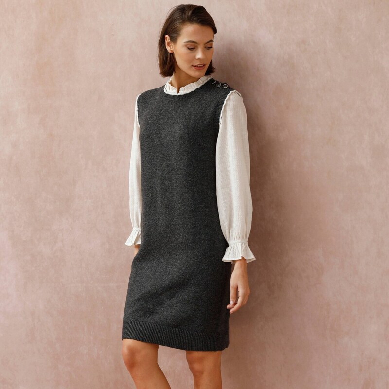 Pulóvrové šaty bez rukávov, s prímesou vlny antracitový melír 054 65218988