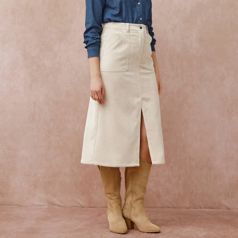 Midi menčestrová sukňa s vreckami a rozparkom vpredu béžová 054 65218998