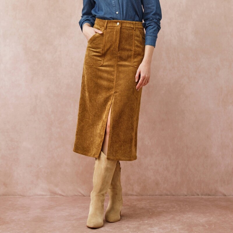 Midi menčestrová sukňa s vreckami a rozparkom vpredu havana 054 65219009