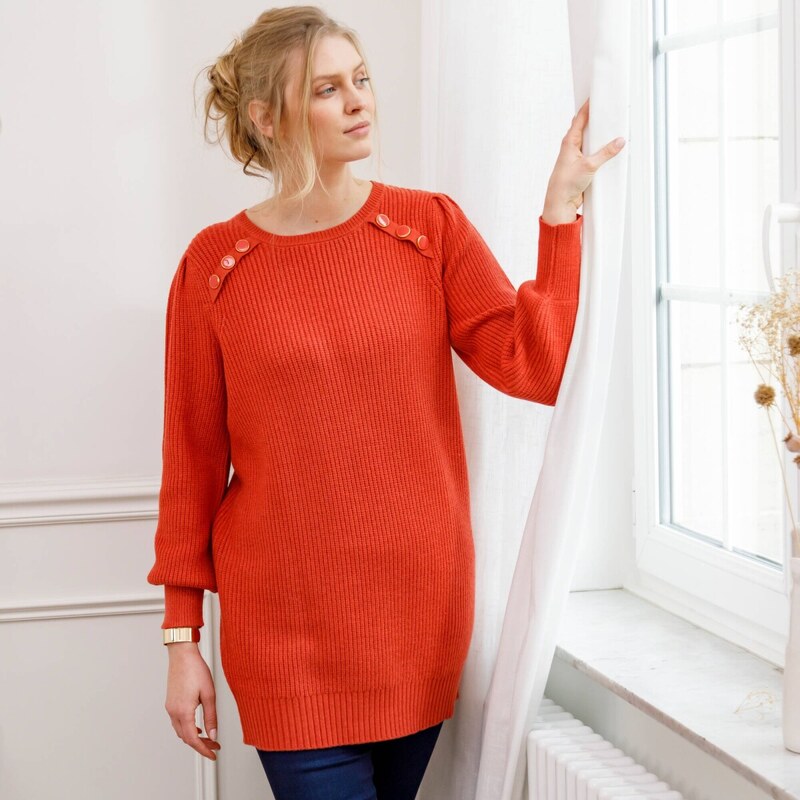 Jednofarebný tunikový pulóver s ozdobnými gombíkmi papriková 054 65219039