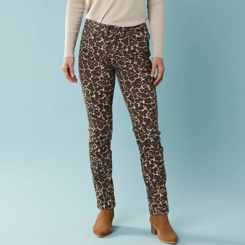 Rovné nohavice so zvieracím vzorom pre nižšiu postavu hnedosivá 65219044