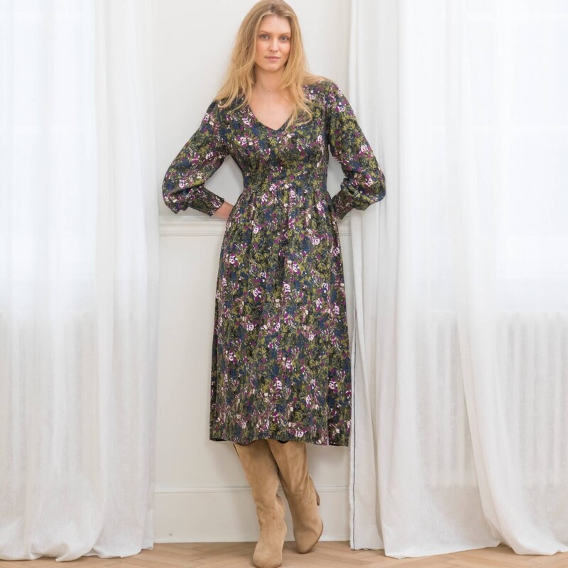Splývavé midi šaty z viskózy s potlačou khaki/purpurová 054 65219056