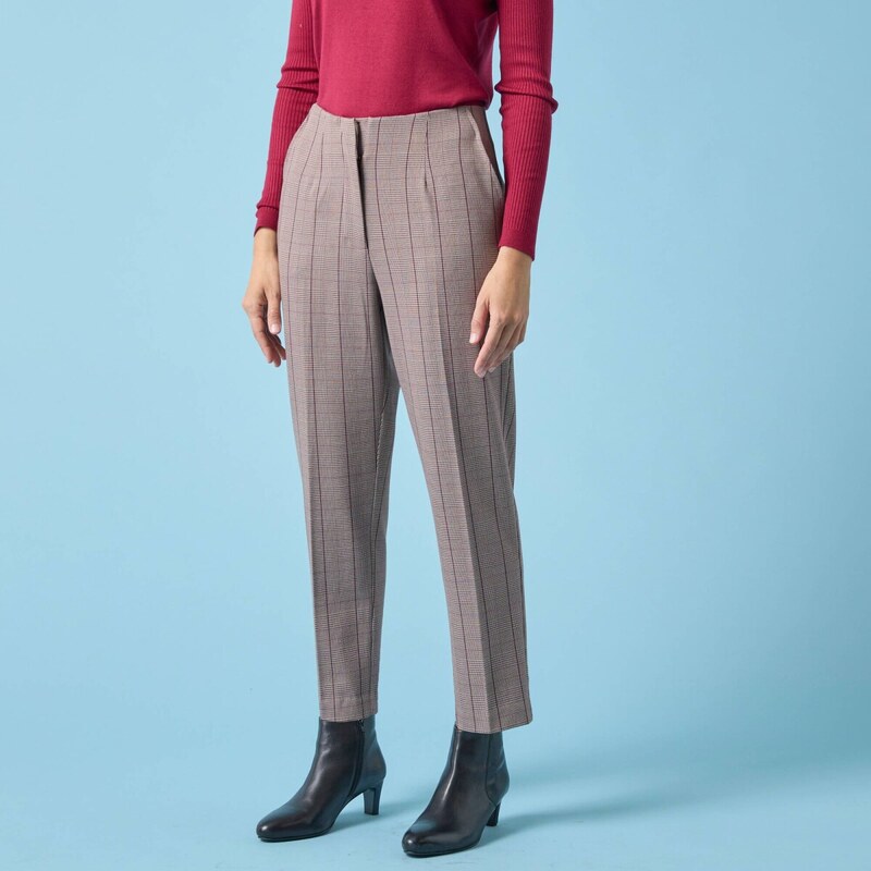 Cigaretové nohavice s glenčekovým vzorom pre nižšiu postavu čokoládová 65219066