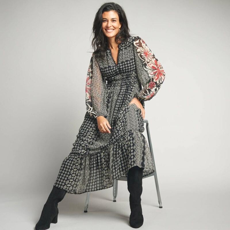 Šifónové dlhé šaty s potlačou čierna/béžová 052 Blancheporte 65219070