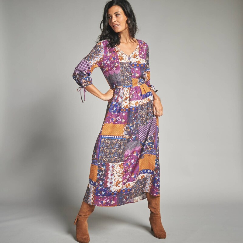 Dlhé šaty s výstrihom do V a patchwork potlačou nám. modrá/orgovánová 65219072