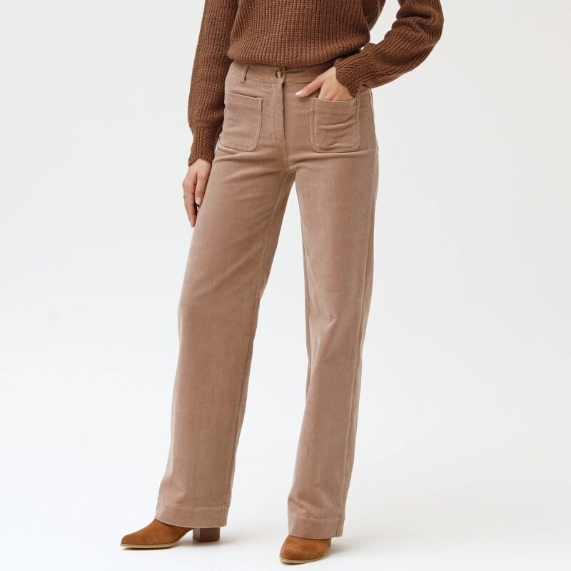 Široké menčestrové nohavice pre nižšiu postavu béžová 052 Blancheporte 65219081