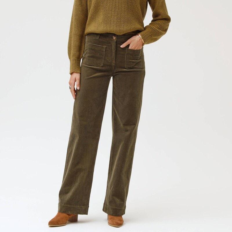 Široké menčestrové nohavice pre nižšiu postavu khaki 038 Blancheporte 65219089