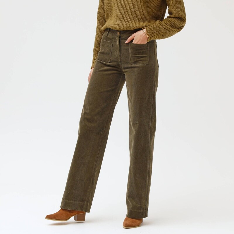 Široké menčestrové nohavice pre strednú výšku postavy khaki 052 65219090