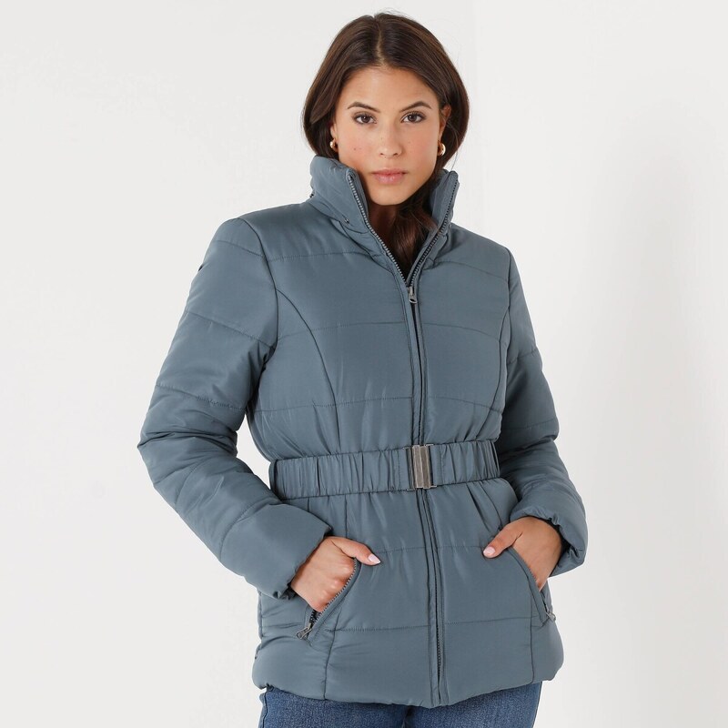 Krátka nepremokavá prešívaná bunda s opaskom, na zips modrosivá 054 65219116