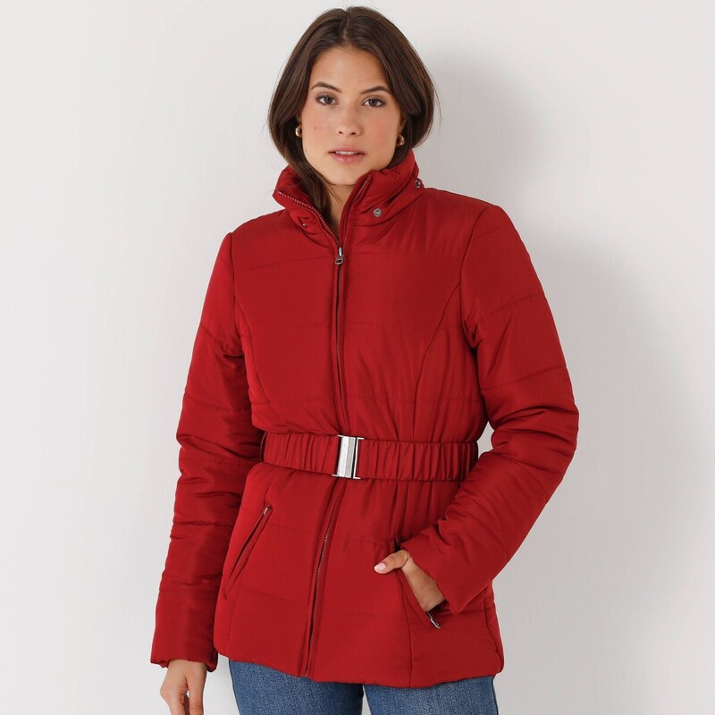 Krátka nepremokavá prešívaná bunda s opaskom, na zips tmavo červená 65219117