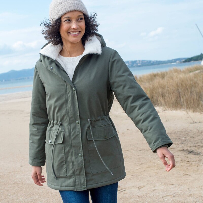 Parka s kapucňou a sherpa podšívkou khaki 056 Blancheporte 65219129