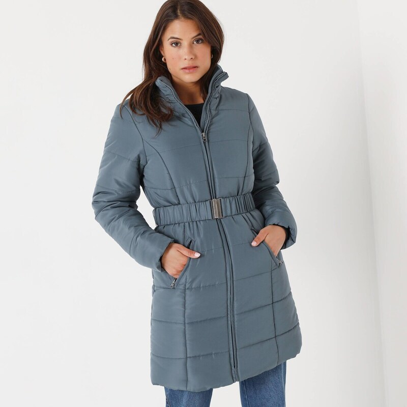 Dlhá nepremokavá prešívaná bunda s opaskom, na zips modrosivá 056 65219125