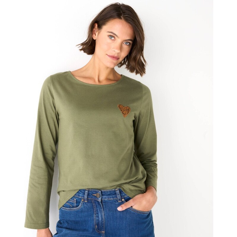 Jednofarebné tričko s dlhými rukávmi a nášivkou srdca khaki/čokoládová 65219149