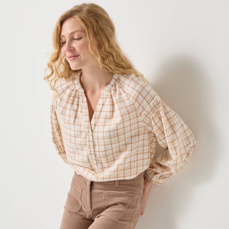 Kockovaná flanelová blúzka so 7/8 rukávmi prírodná/béžová 054 65219180