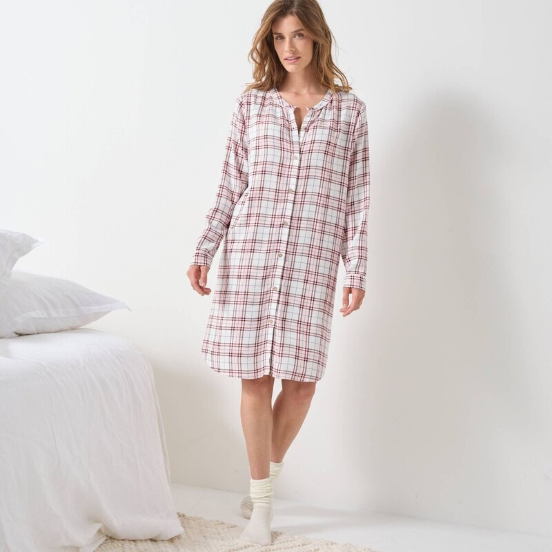 Nočná košeľa s kockovanou potlačou a gombíkmi ražná/ružová 044 65219248