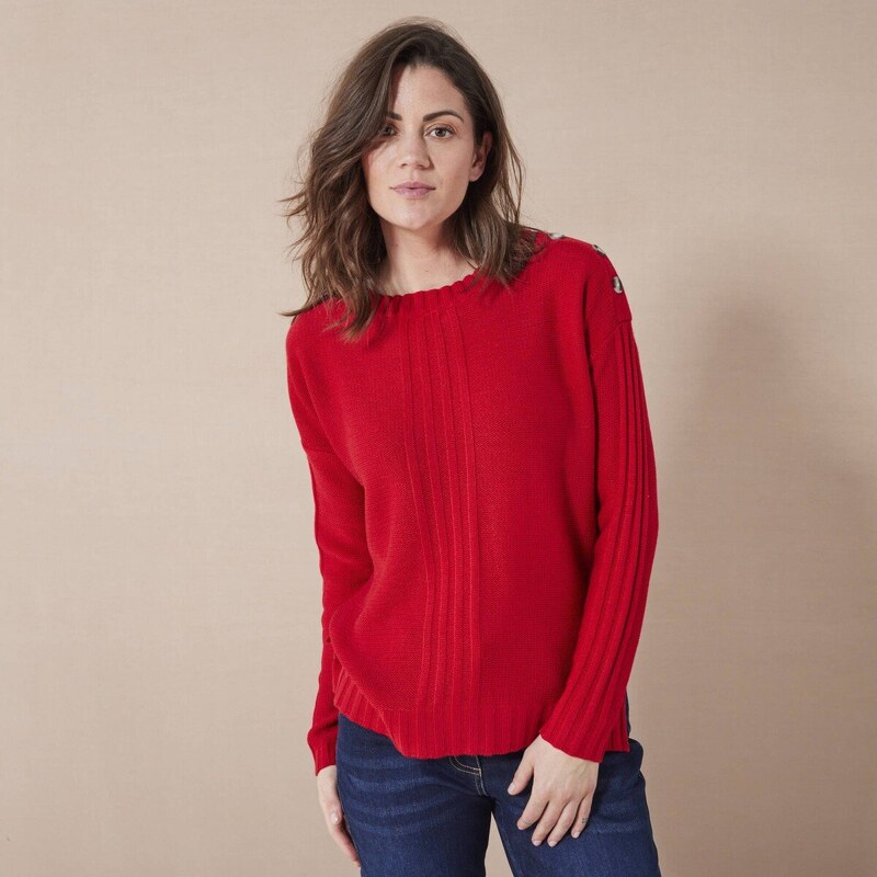 Pulóver so zapínaním na pleci, z úpletu s plastickým vzorom červená 56607608