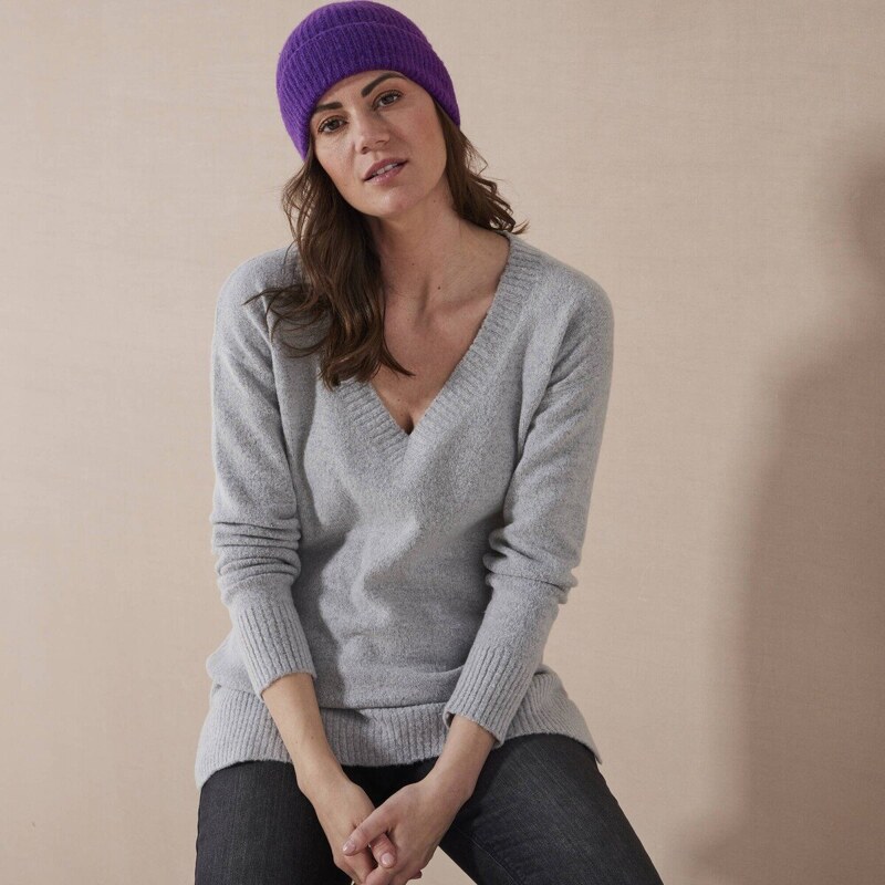 Dlhý pulóver s výstrihom do V sivý melír 040 Blancheporte 56607628