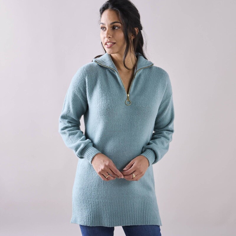 Dlhý pulóver so stojačikom na zips tyrkysová 036 Blancheporte 56607626