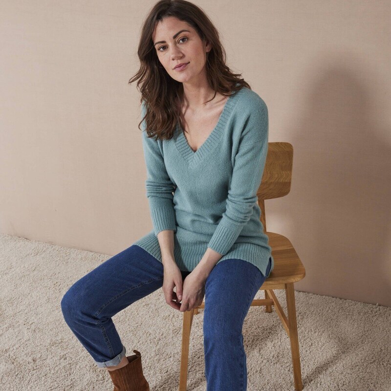 Dlhý pulóver s výstrihom do V tyrkysová 044 Blancheporte 56608030