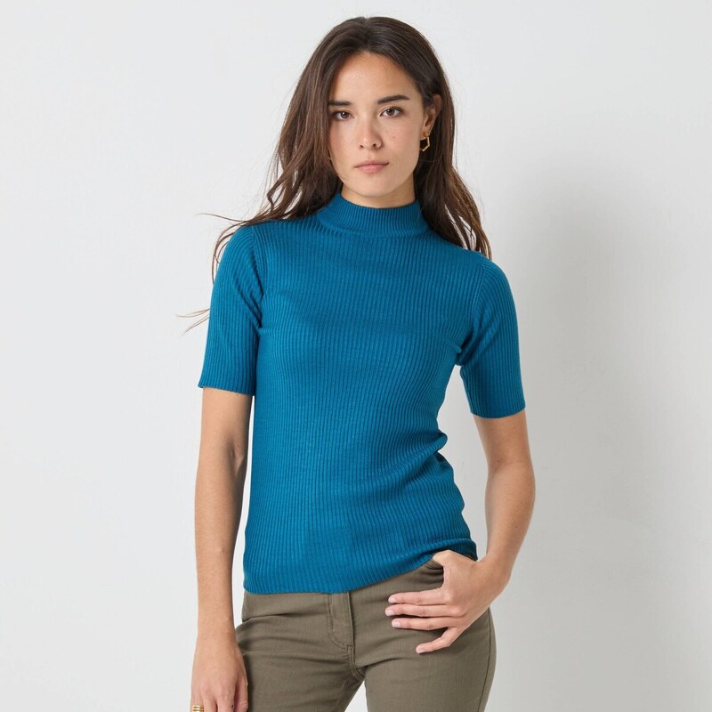 Vrúbkovaný pulóver s krátkymi rukávmi a stojačikom petrolejová 054 65217612