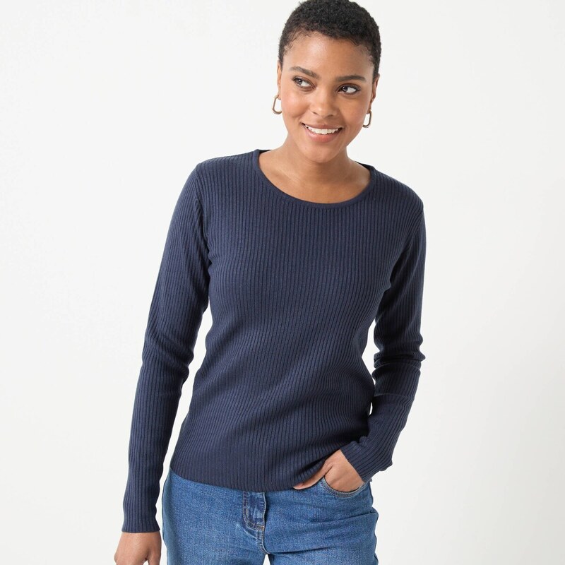 Vrúbkovaný pulóver s okrúhlym výstrihom nám. modrá 054 Blancheporte 65217660