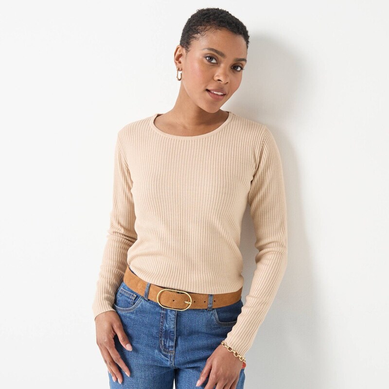 Vrúbkovaný pulóver s okrúhlym výstrihom béžová 054 Blancheporte 65217661