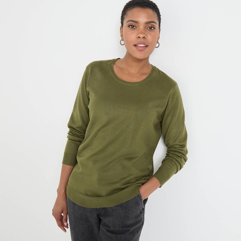 Jednofarebný pulóver s okrúhlym výstrihom khaki 054 Blancheporte 65217700