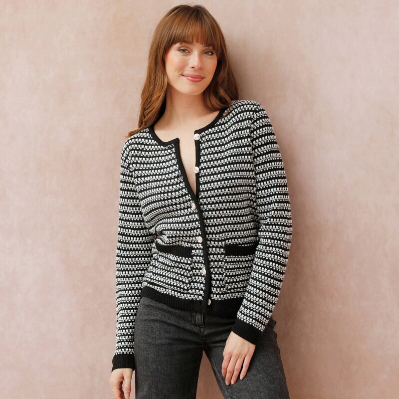 Sveter so zapínaním na gombíky, žakárový žakár čierna 054 Blancheporte 65218561