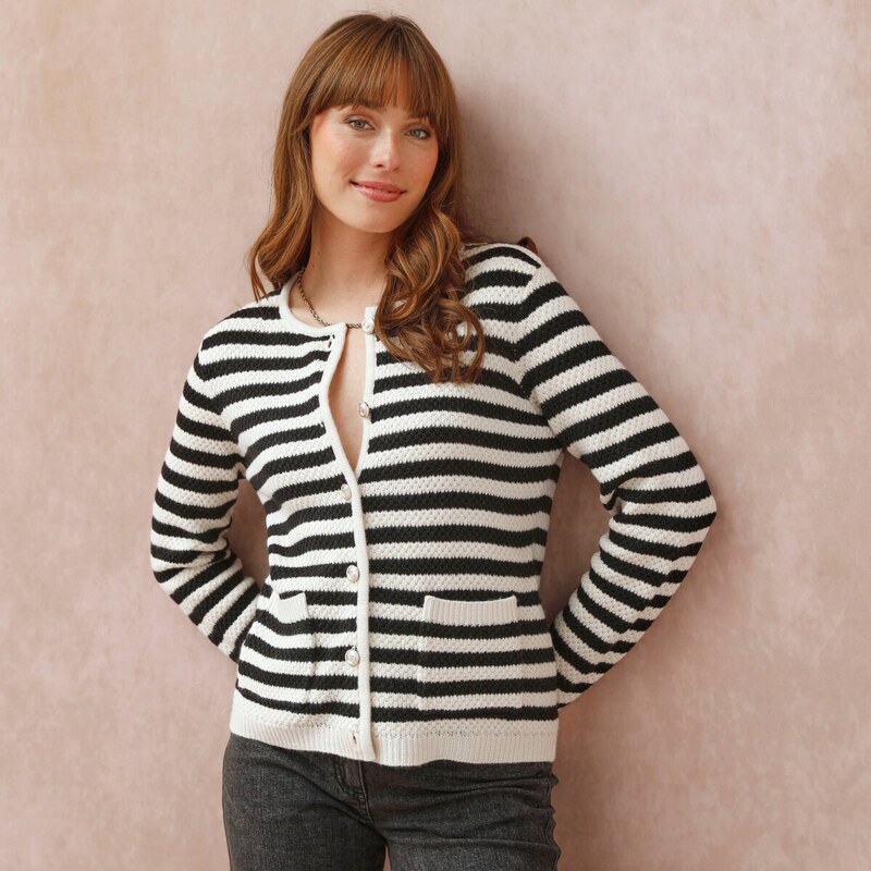 Sveter so zapínaním na gombíky, pruhy ražná/čierna 054 Blancheporte 65218564