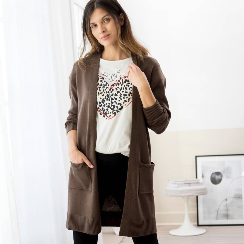 Dlhý sveter bez zapínania čokoládová 044 Blancheporte 65218582