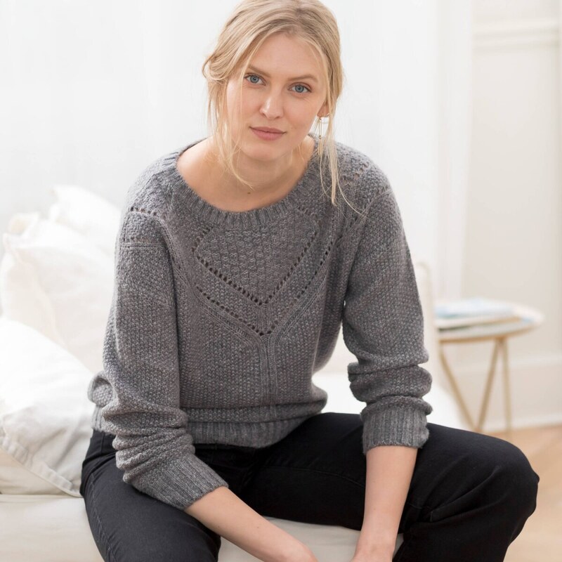 Pulóver s perličkovým vzorom a okrúhlym výstrihom sivý melír 040 65218589