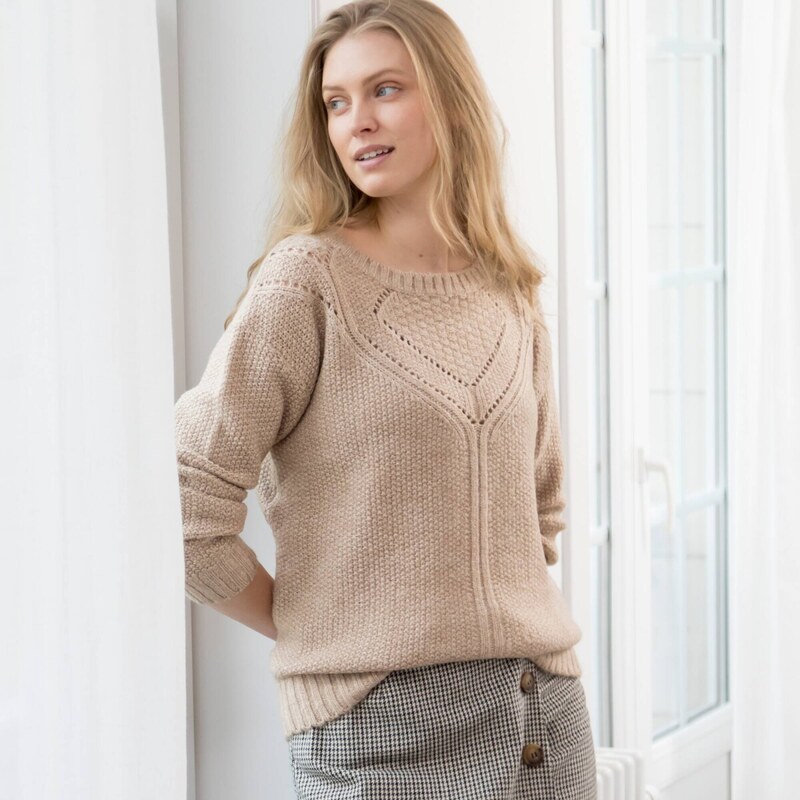 Pulóver s perličkovým vzorom a okrúhlym výstrihom béžový melír 036 65218587