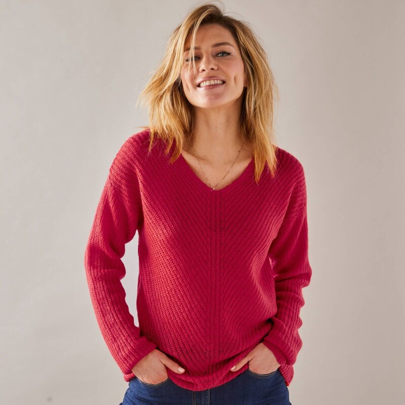 Pulóver s výstrihom do V malinová 054 Blancheporte 65218602