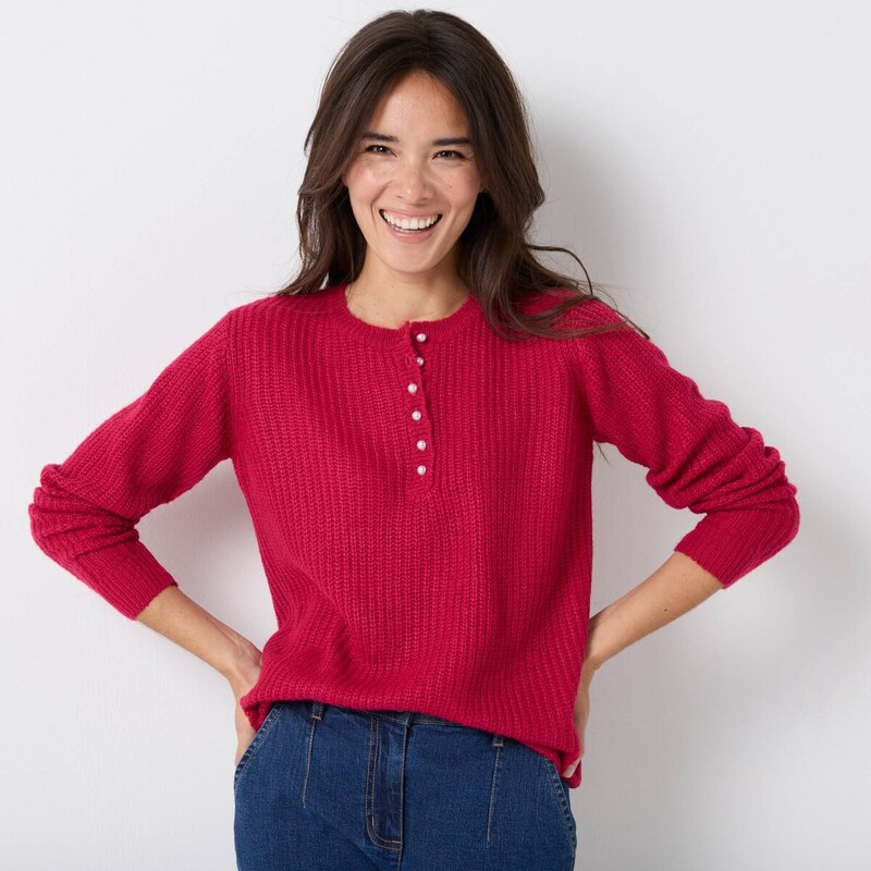 Pulóver s tuniským výstrihom a hladkým pleteným vzorom malinová 040 65218605