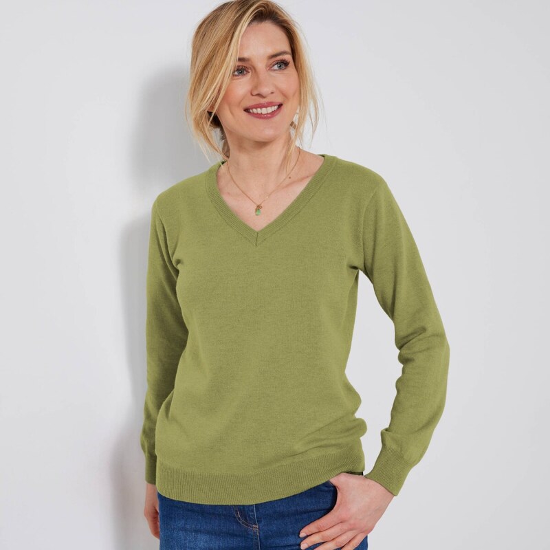 Pulóver s výstrihom do V z jahňacej vlny machová 036 Blancheporte 65218721