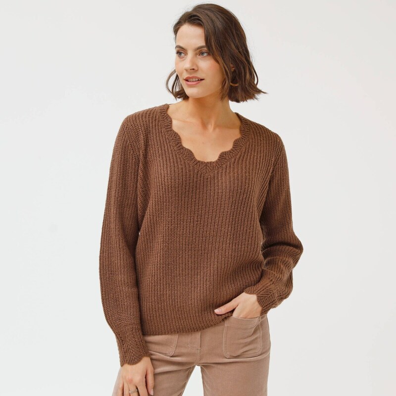 Pulóver s výstrihom do V, z hladkého úpletu hnedosivá 052 Blancheporte 65218725