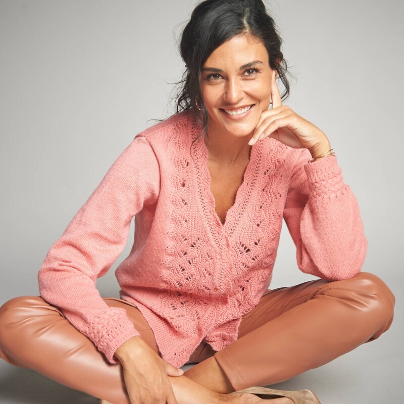 Ažúrový sveter koralová 040 Blancheporte 65218734