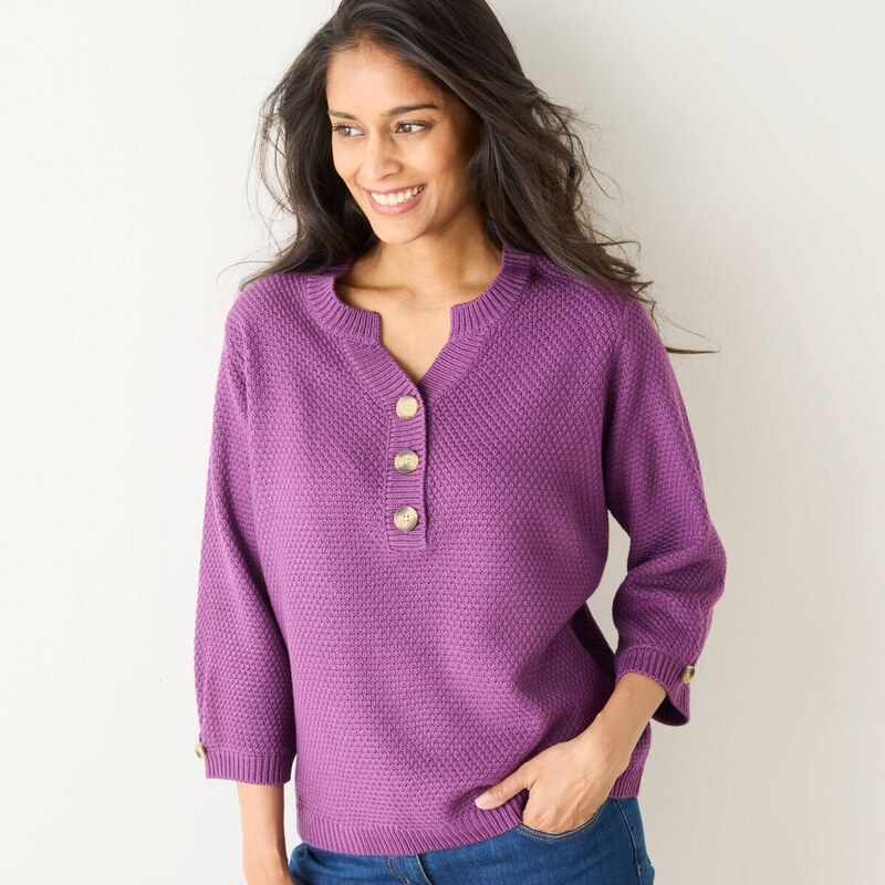 Pulóver s výstrihom na gombíky a perličkovým vzorom fialová 040 65218761