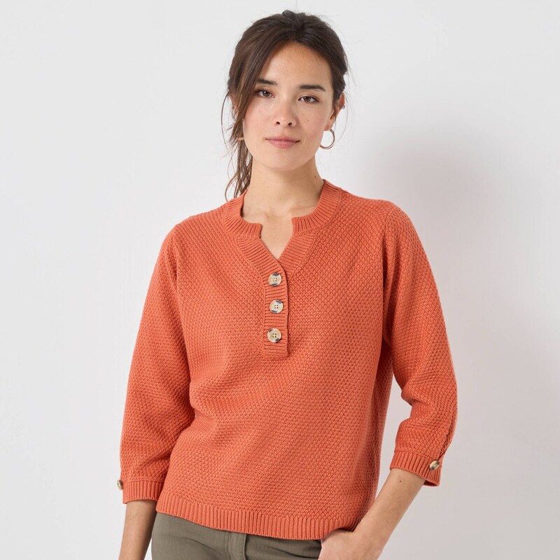 Pulóver s výstrihom na gombíky a perličkovým vzorom oranžová 036 65218763