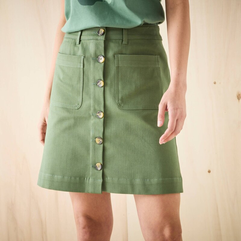 Krátka rozšírená keprová sukňa s gombíkmi khaki 052 Blancheporte 65218776