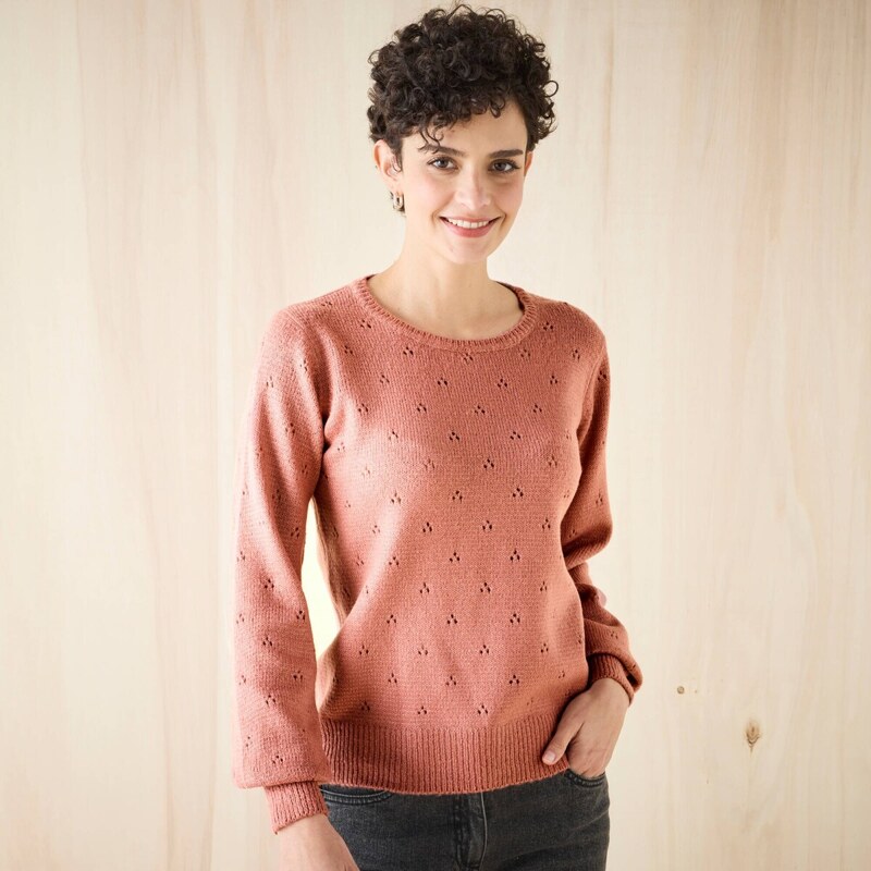 Pulóver s okrúhlym výstrihom z úpletu pointelle ružové drevo 050 65218772