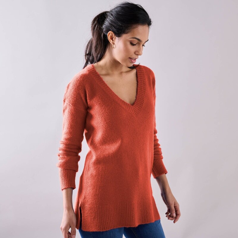 Dlhý pulóver s výstrihom do V papriková 056 Blancheporte 65218774