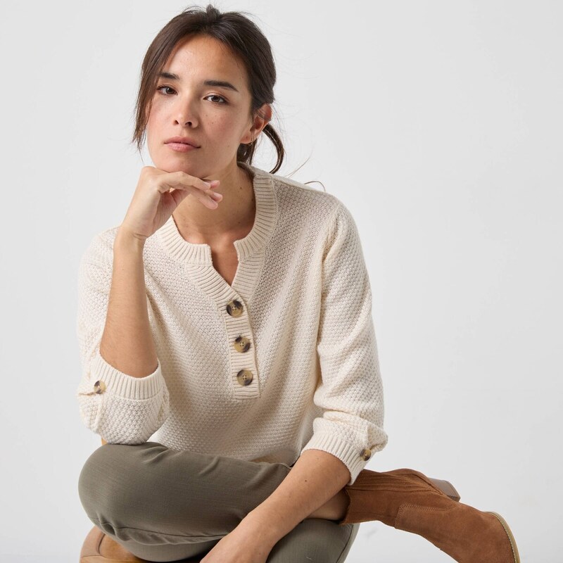 Pulóver s výstrihom na gombíky a perličkovým vzorom ražná 036 65218785