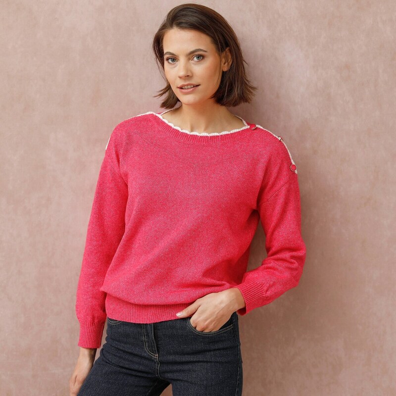 Pulóver s lodičkovým výstrihom a prímesou vlny ružový melír 054 65218836