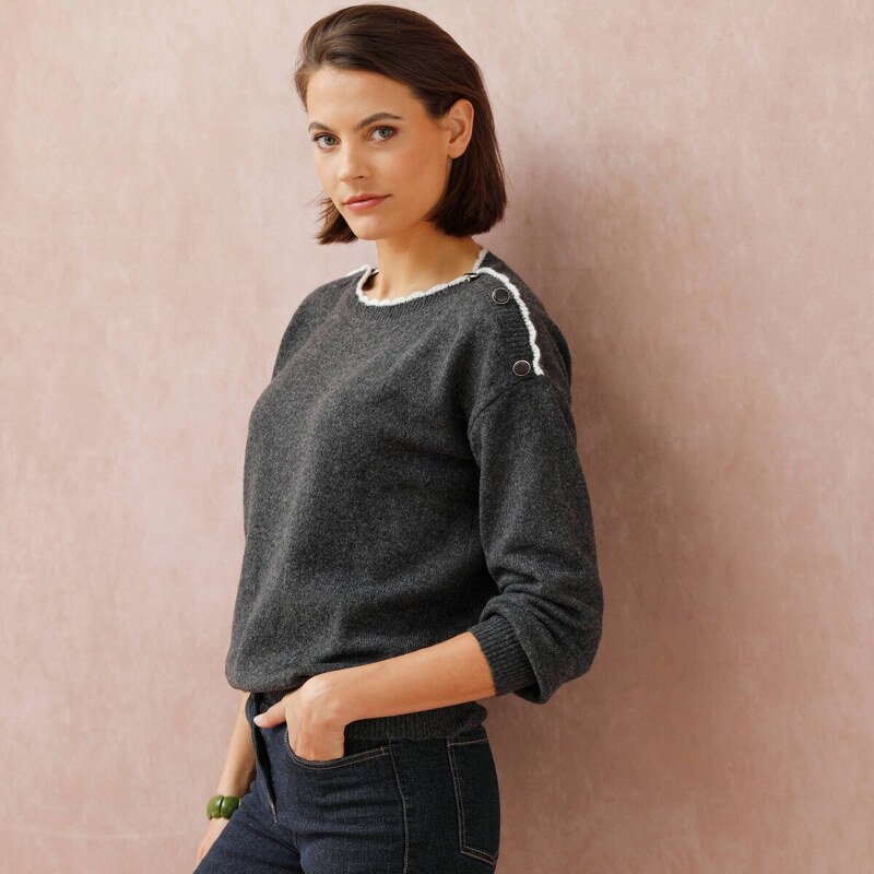 Pulóver s lodičkovým výstrihom a prímesou vlny antracitový melír 044 65218837