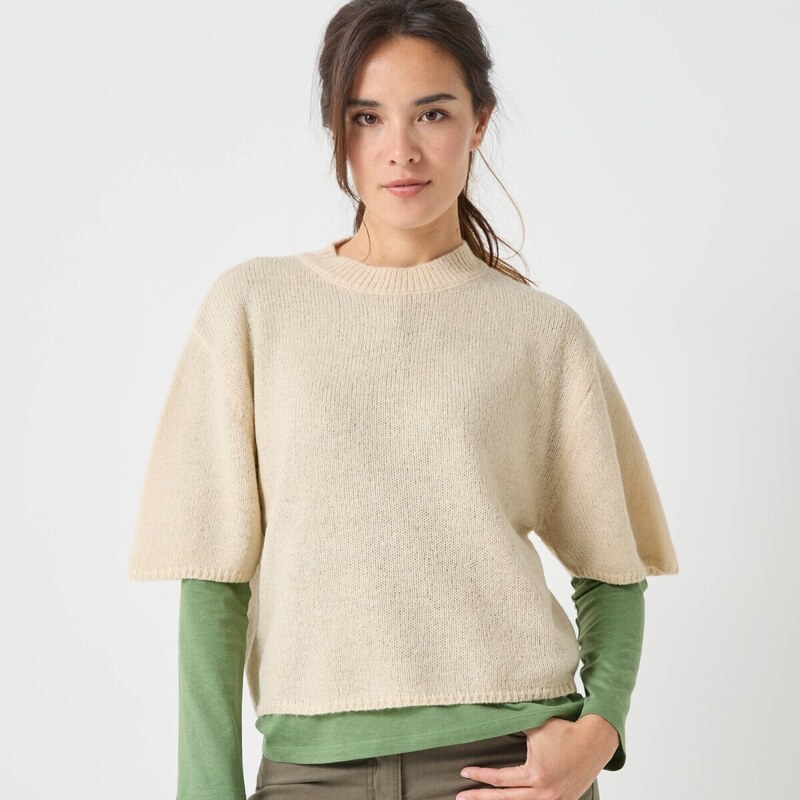 Voľný pulóver s rukávmi po lakte zo zmesi vlny a mohéru béžová 054 65218842