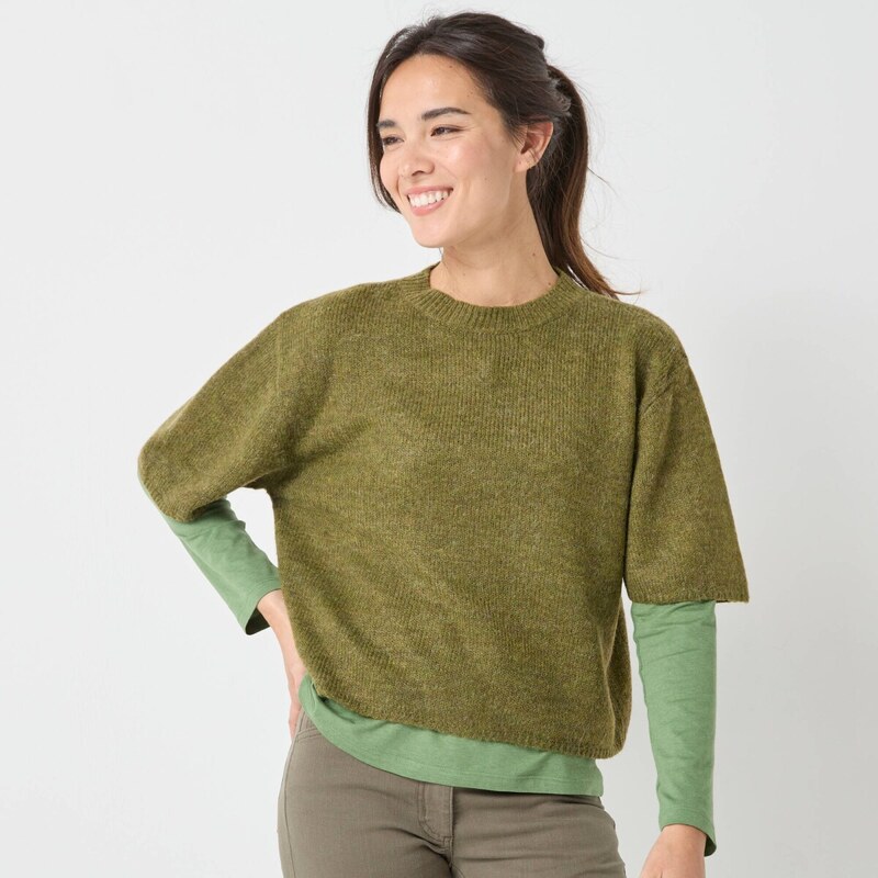 Voľný pulóver s rukávmi po lakte zo zmesi vlny a mohéru machová 036 65218841