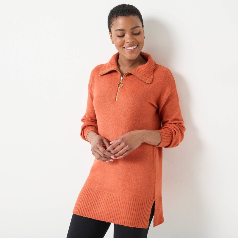 Dlhý pulóver so stojačikom na zips papriková 056 Blancheporte 65218876